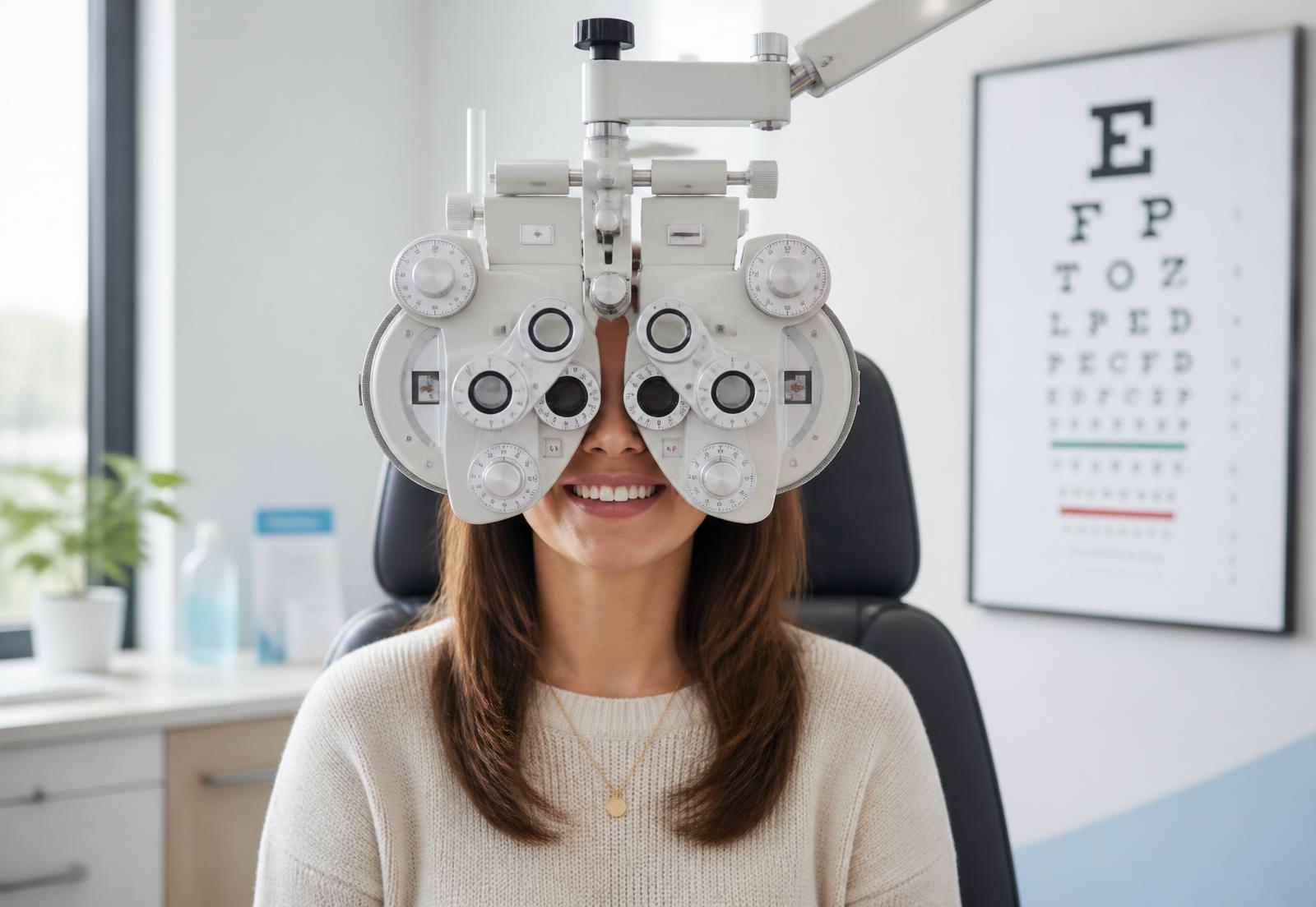 Smiling patient having their vision tested behind a phoropter at an eye exam